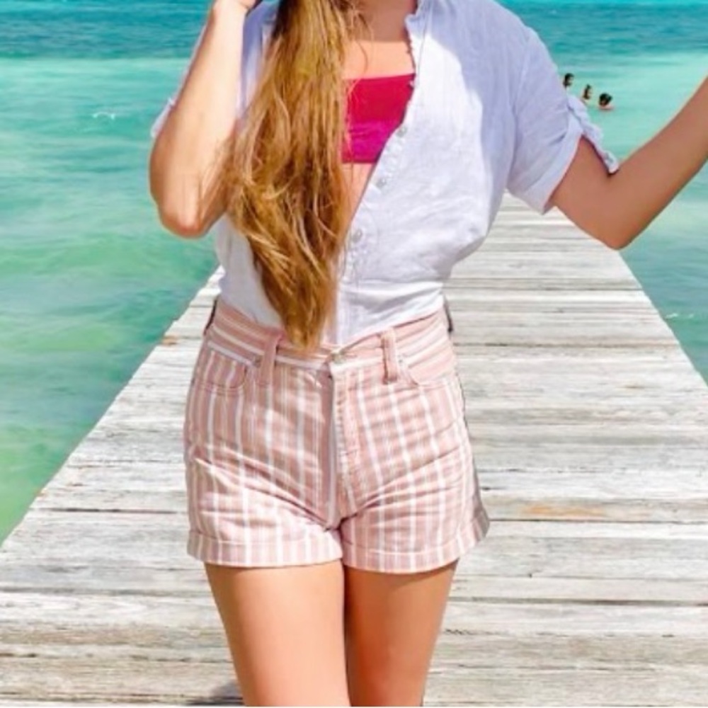 American Eagle Pink and White Striped Denim Shorts